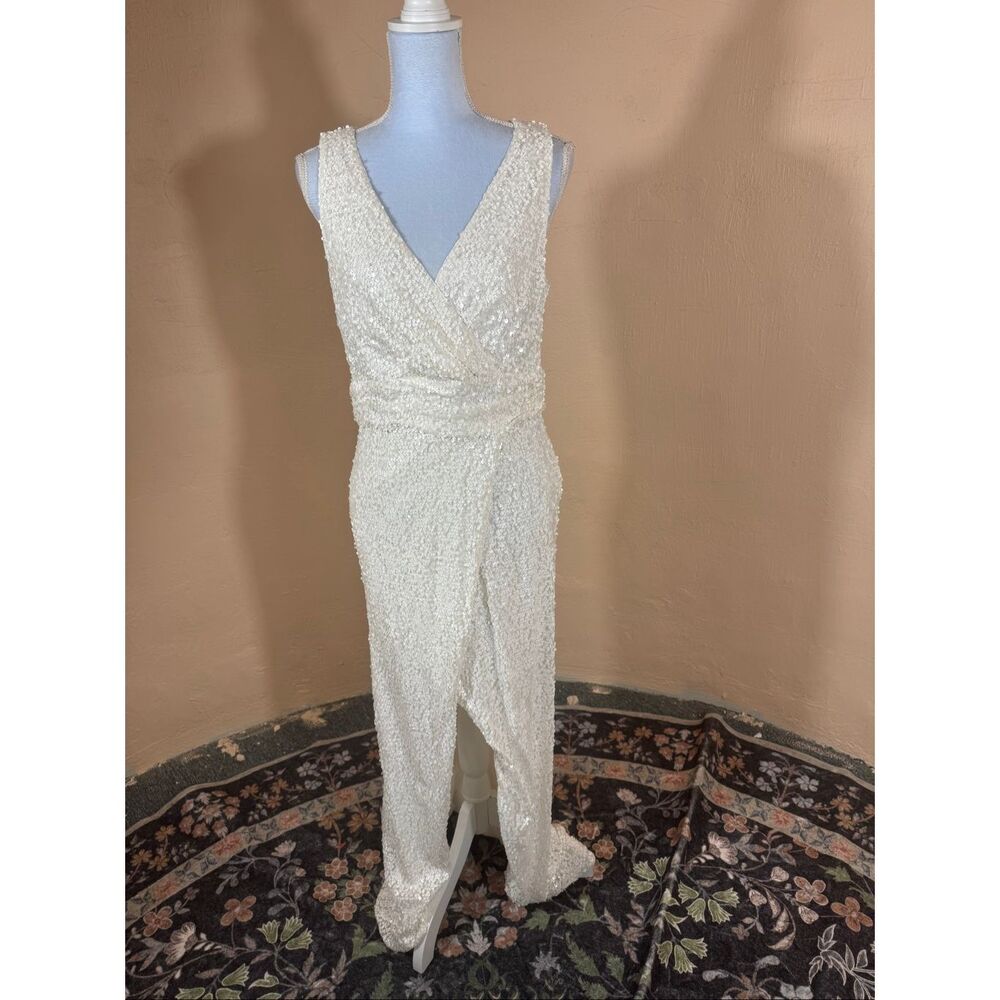 Hailey by Adrianna Papell Ivory Sequin Gown – V-Neck | Surplice Bodice | Front S